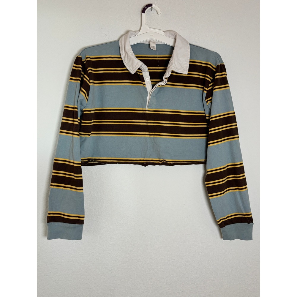 Full Tilt Cropped Rugby Shirt Blue Brown Striped Long Sleeve Polo XL